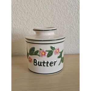 Butter Bell Crock French Beurre Pink Green Flowers L. Tremain